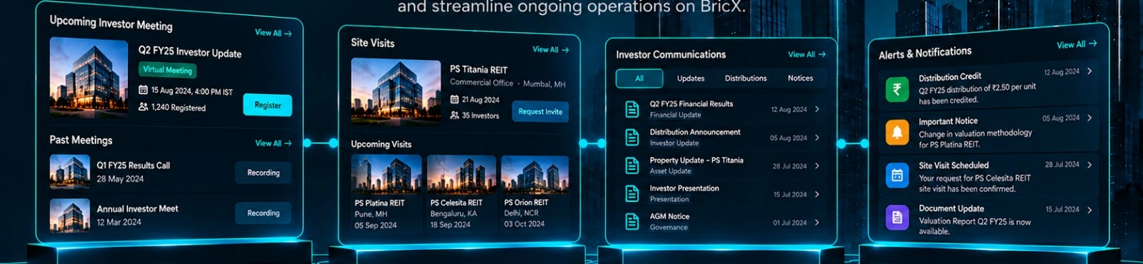 Illustrative investor engagement & operations portal screens with example data