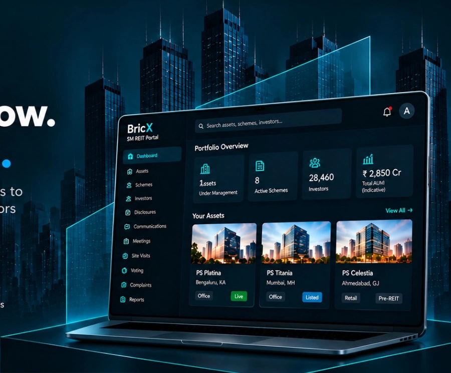 Illustration of the BricX SM REIT Portal on a laptop, showing example assets, schemes and portfolio metrics