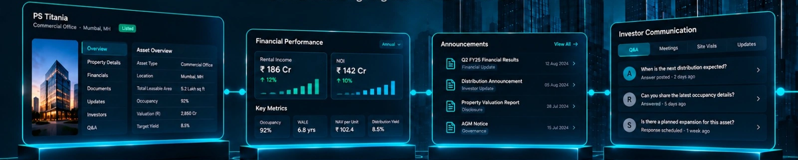 Illustrative asset intelligence & investor servicing portal screens with example data