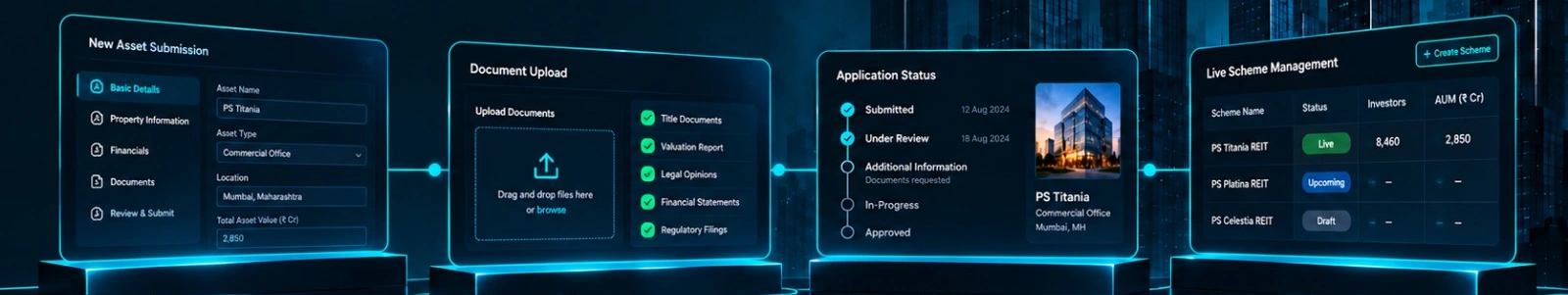Illustrative asset onboarding & scheme management portal screens with example data